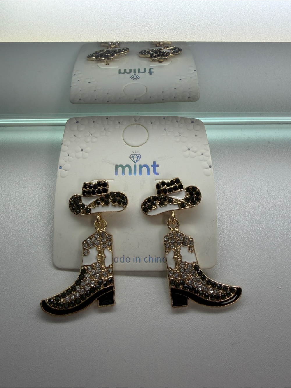 Gold-Tone Black Rhinestone Cowboy Boot Dangle Earrings